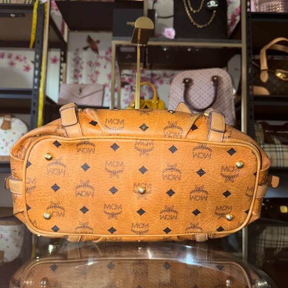 MCM Visetos Logo Satchel in Cognac and Black - Picture 6 of 7